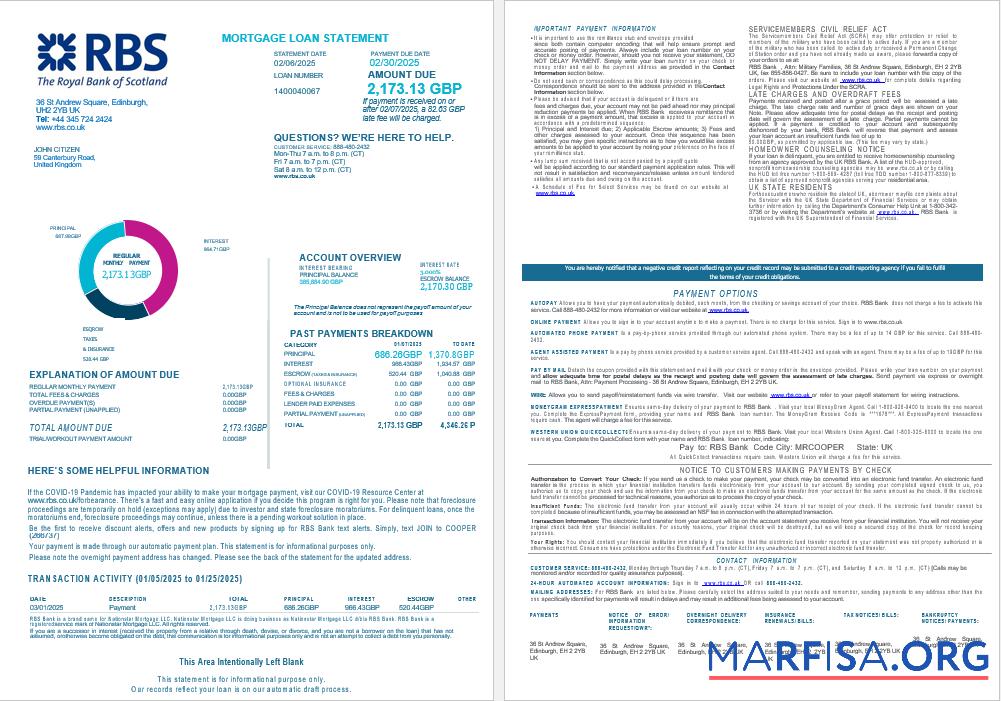 Printable United Kingdom Royal Bank of Scottish (RBS) bank mortgage loan statement in Word and PDF formats , 4 pages 1 2 real example